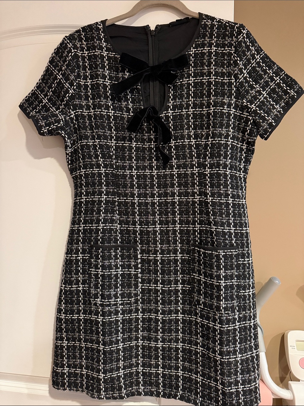 Blu Pepper Black & White Tweed Mini Dress with Velvet Bow Ties